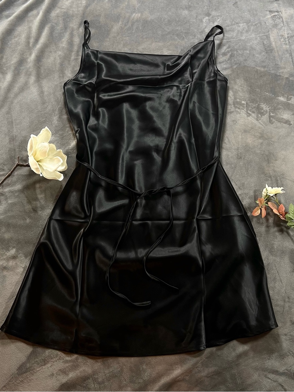 Cider Black Satin Mini Slip Dress with Waist Tie